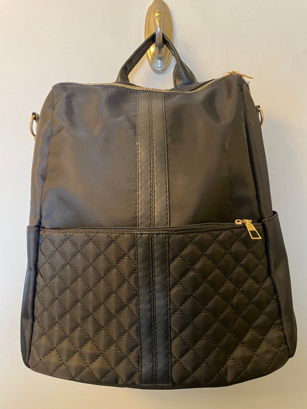 Quilted Faux Satin Black Backpack Gold Hardware Everyday Bag